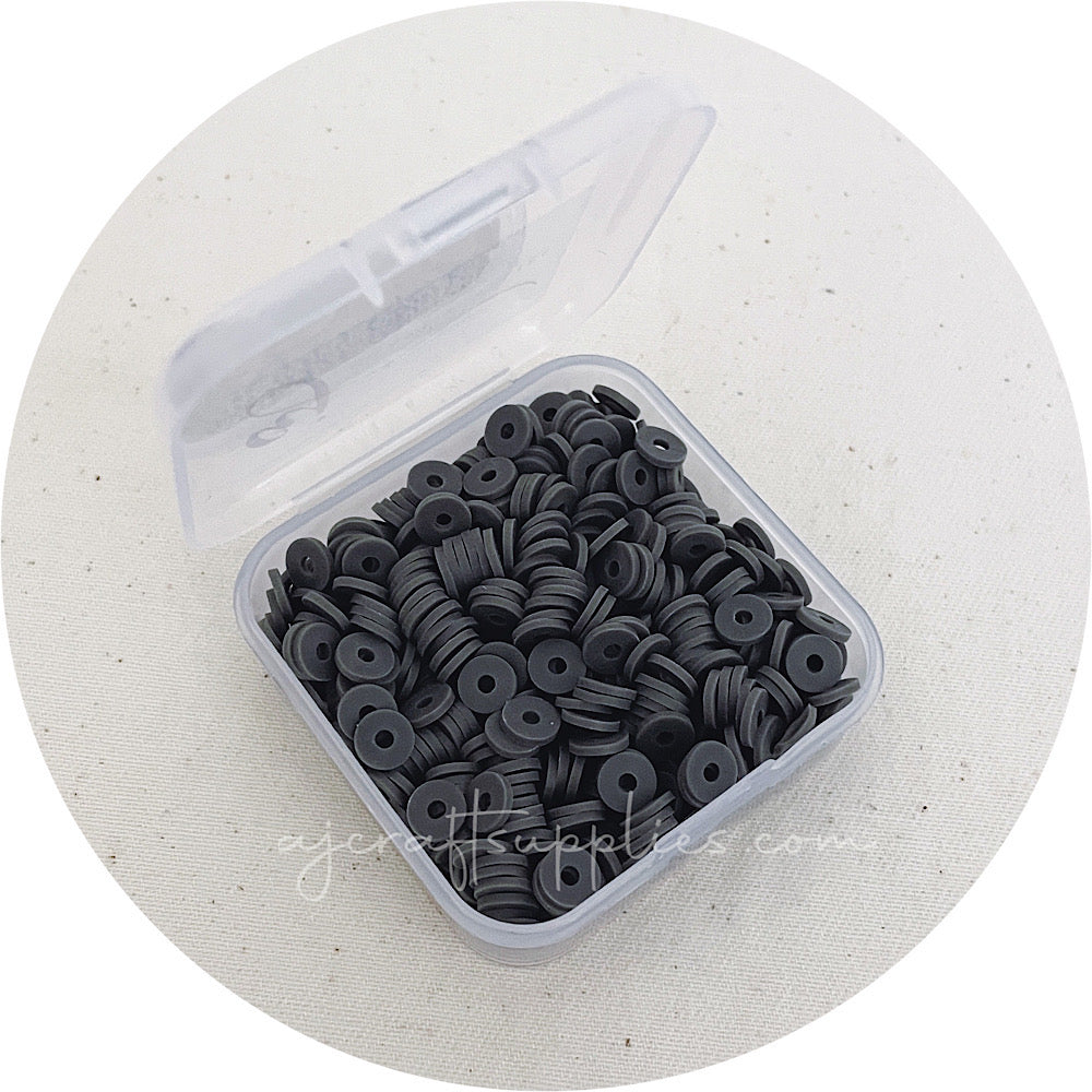 6mm Flat Coin Polymer Clay Spacer Beads - Dark Grey - 500 Beads / Box