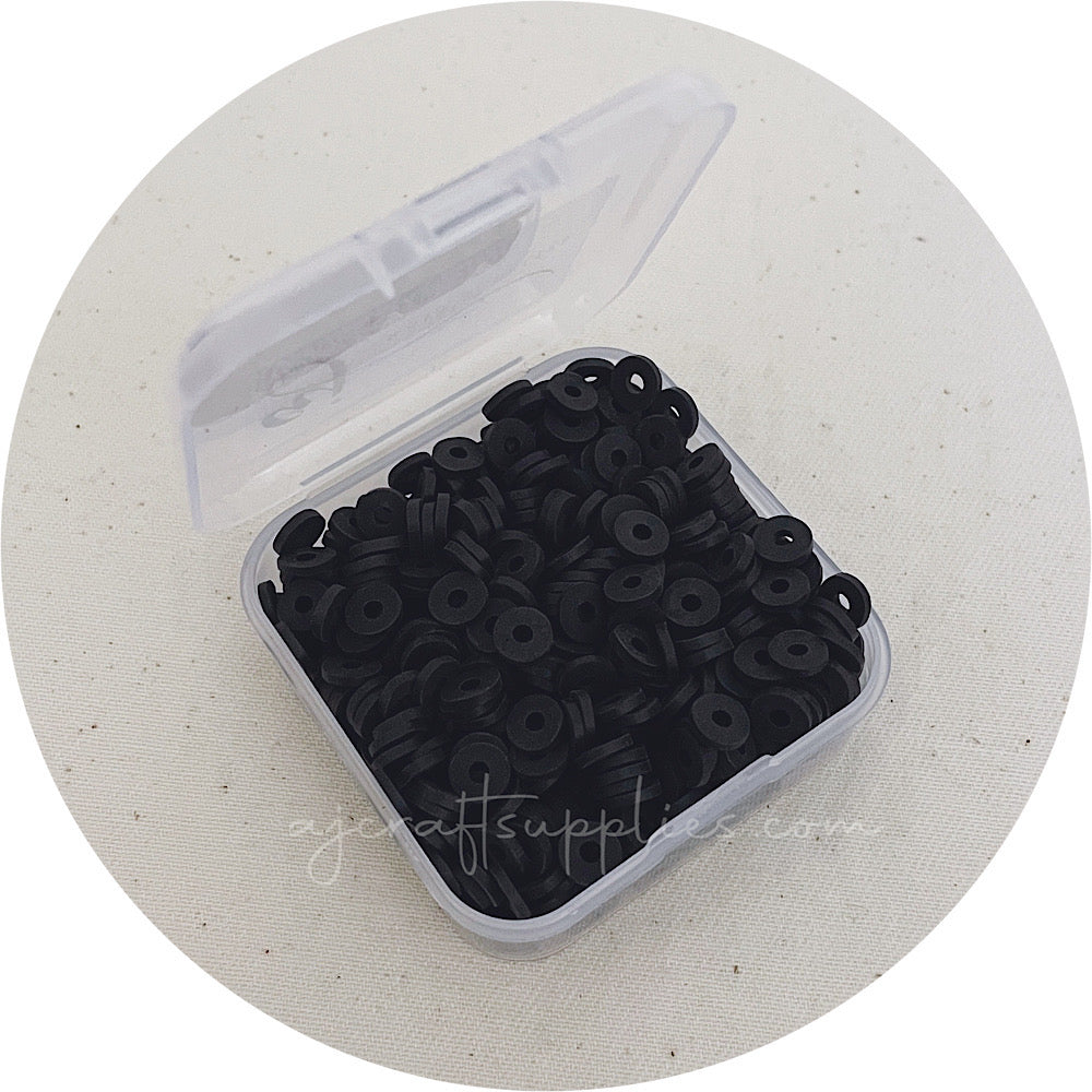 6mm Flat Coin Polymer Clay Spacer Beads - Jet Black - 500 Beads / Box