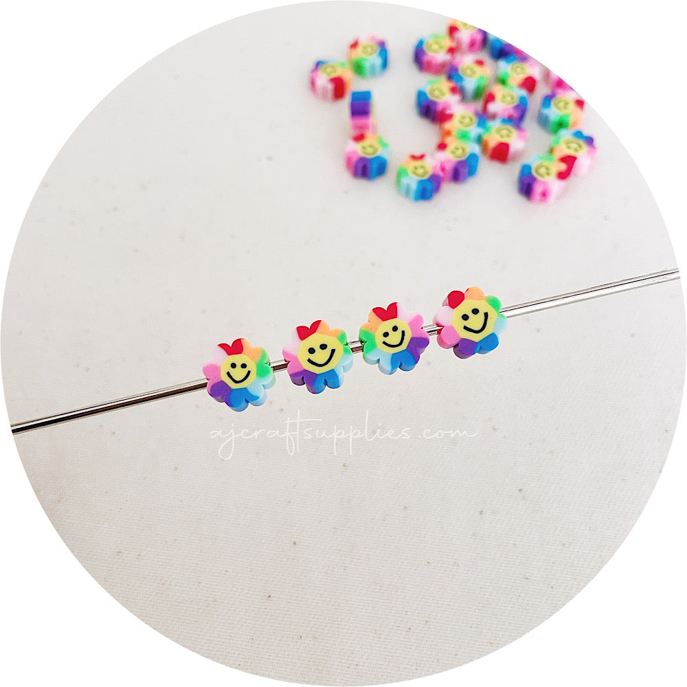 Rainbow Smiley Face Flower Polymer Clay Bead