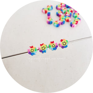 10mm Rainbow Flower Happy Face Polymer Clay Beads - CHOOSE YOUR COLOUR - 5 Beads