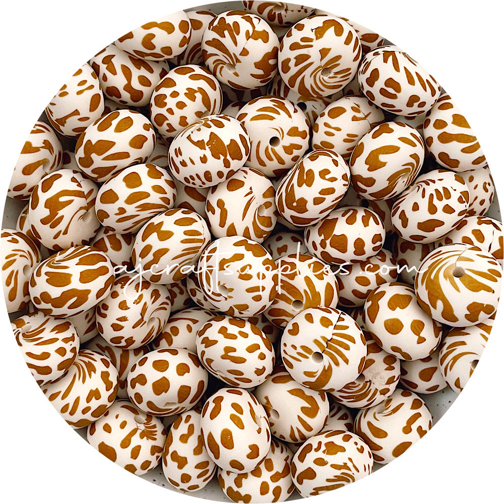 Tan Cow Print - 22mm abacus Silicone beads - 5 Beads