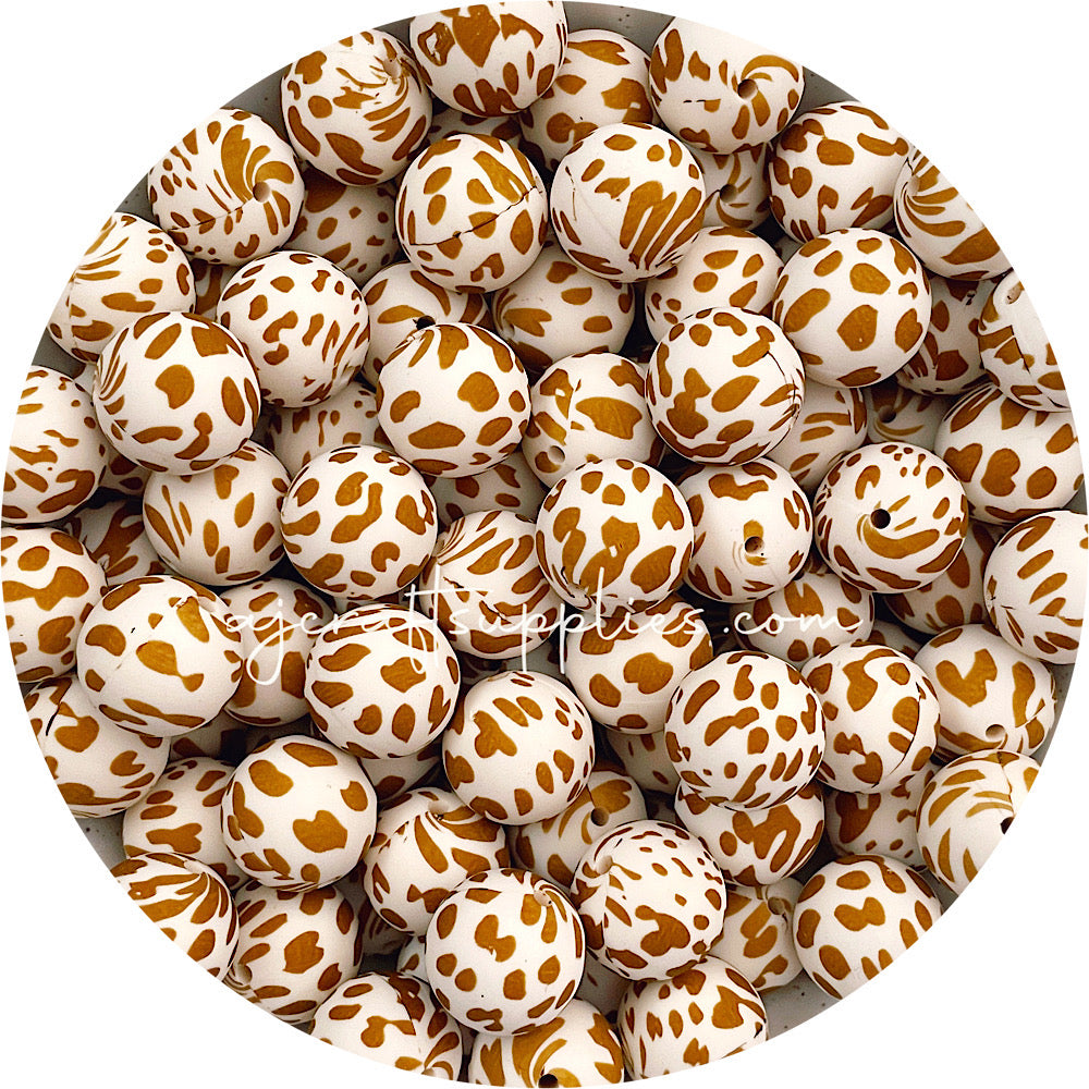 Tan Cow Print - 19mm round Silicone Beads - 5 Beads