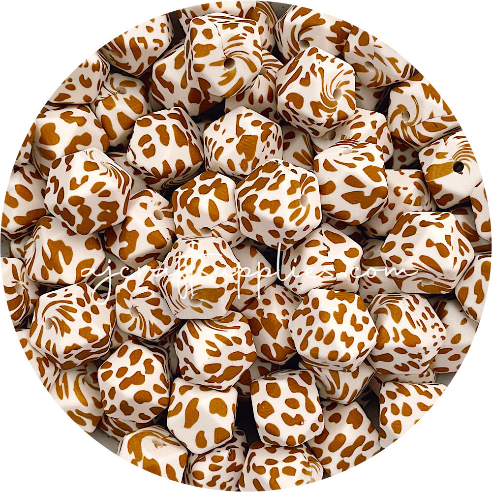 Tan Cow Print - 17mm hexagon Silicone Beads - 10 Beads