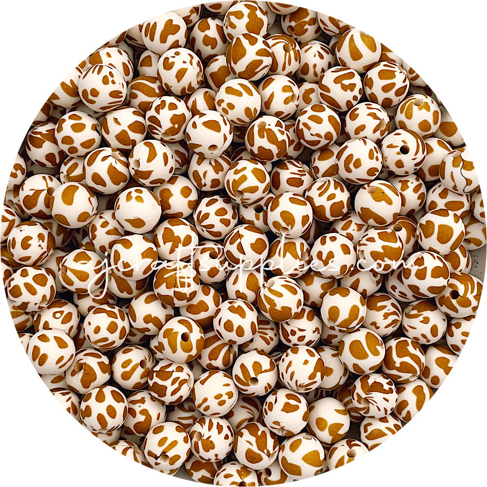 Tan Cow Print - 12mm Round Silicone Beads - 10 beads