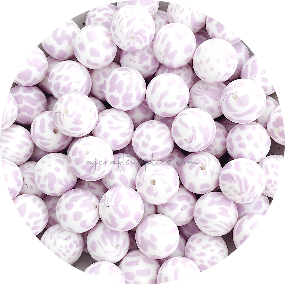 Lilac Cow Print - 19mm round Silicone Beads - 5 Beads