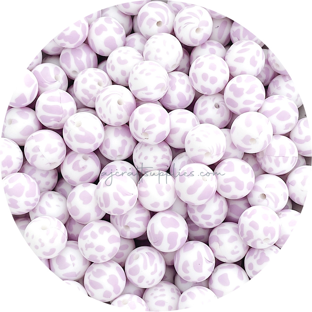 Lilac Cow Print - 15mm round Silicone Beads - 10 Beads