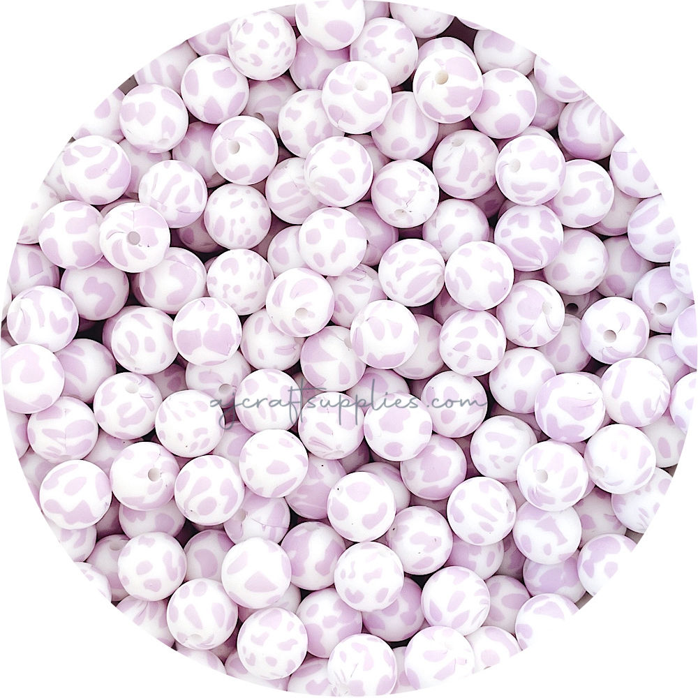 Lilac Cow Print - 12mm Round Silicone Beads - 10 beads