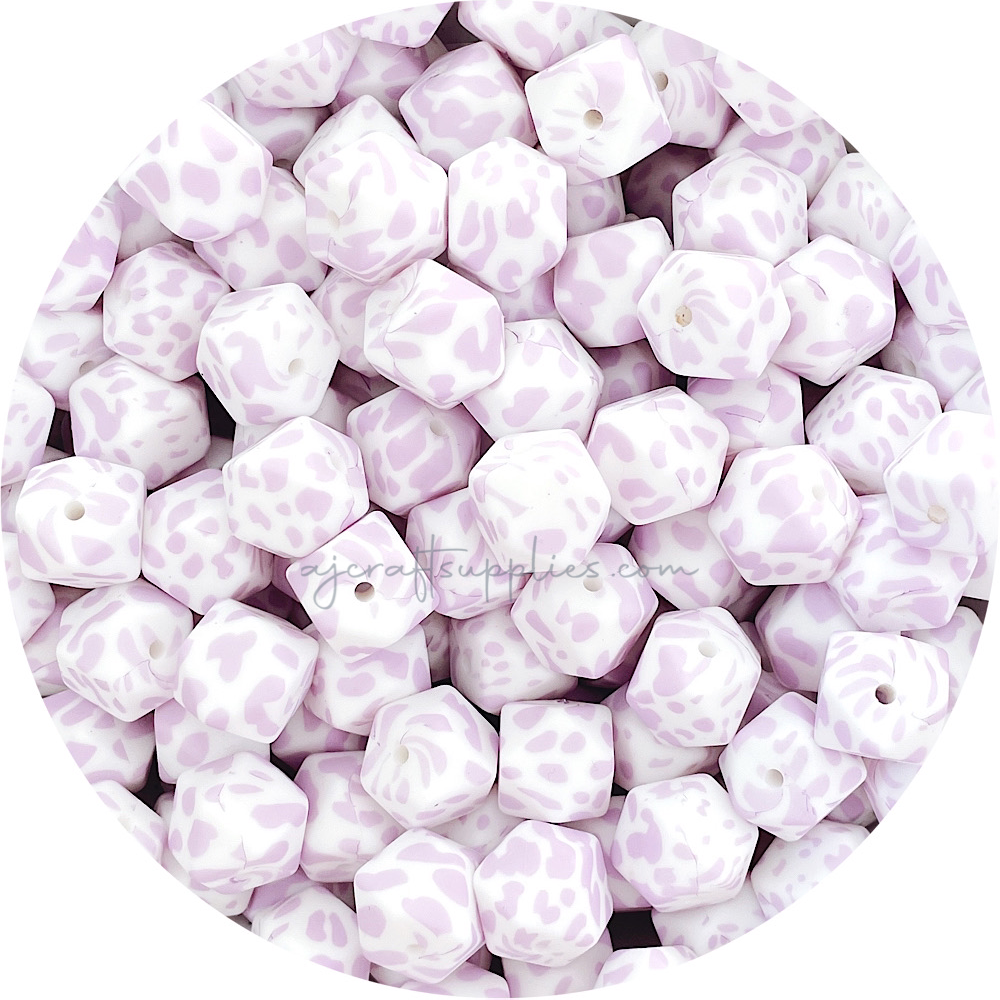 Lilac Cow Print - 14mm mini hexagon Silicone Beads - 5 Beads