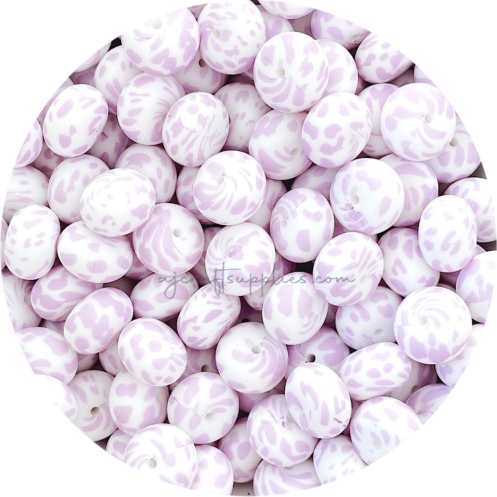 Lilac Cow Print - 19mm Abacus Silicone Beads - 5 Beads