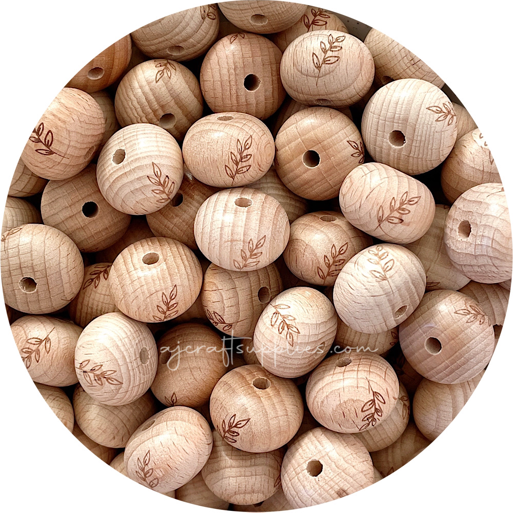 Beech Wood Engraved Beads (FERN LEAF) - CHOOSE A SIZE - 5 beads