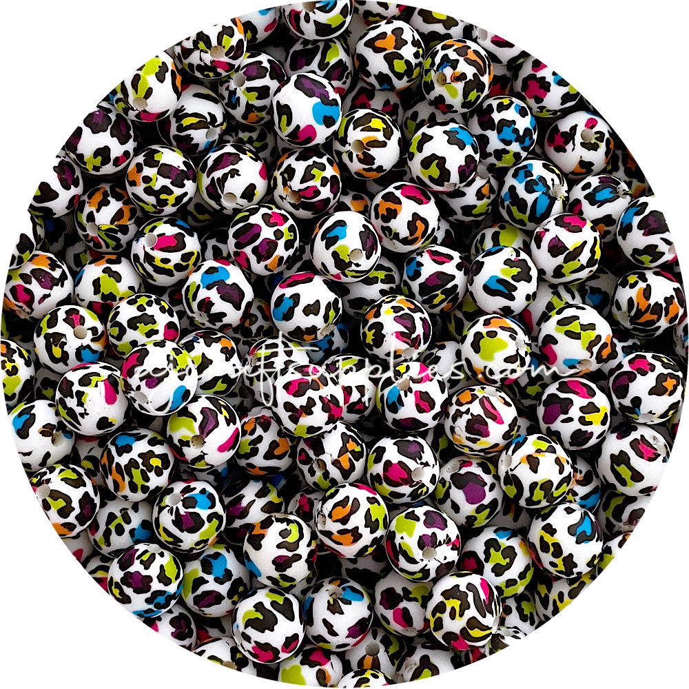 Rainbow Leopard - 12mm Round Silicone Beads - 10 beads