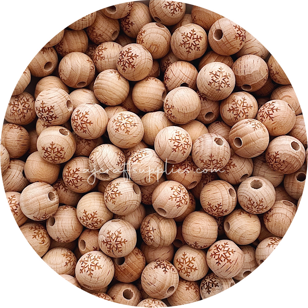 Beech Wood Engraved Beads (Snowflake) - 15mm Round - 5 beads (CHRISTMAS EDITION)