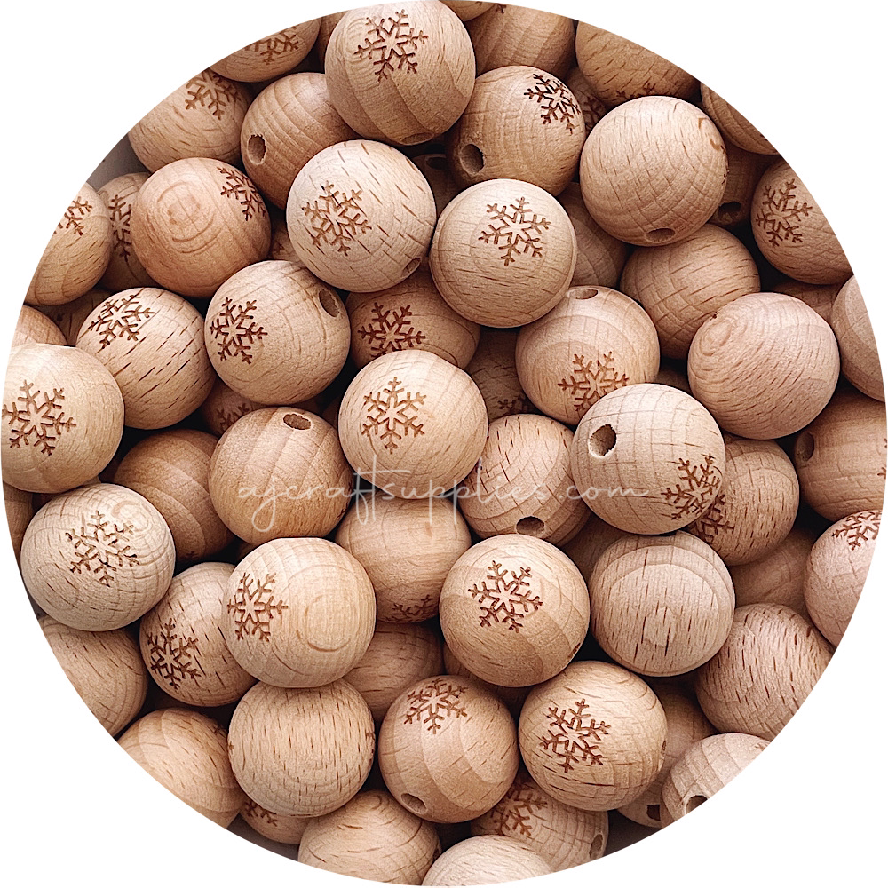 Beech Wood Engraved Beads (Snowflake) - 20mm Round - 5 beads (CHRISTMAS EDITION)