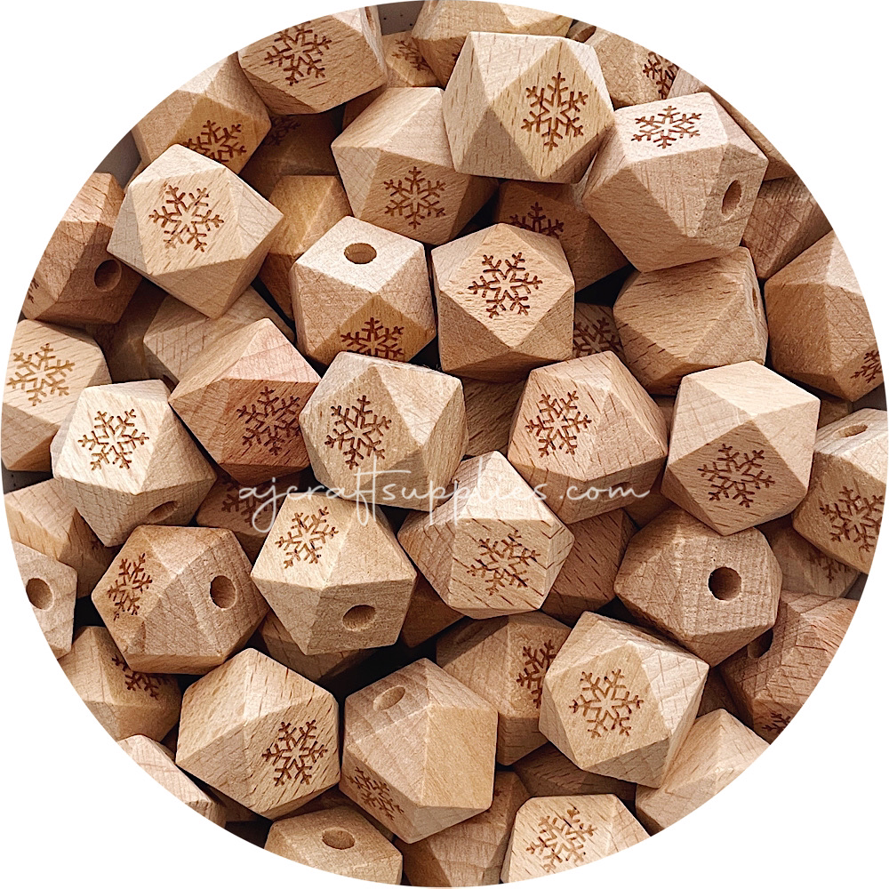 Beech Wood Engraved Beads (Snowflake) - 18mm Hexagon - 5 beads (CHRISTMAS EDITION)