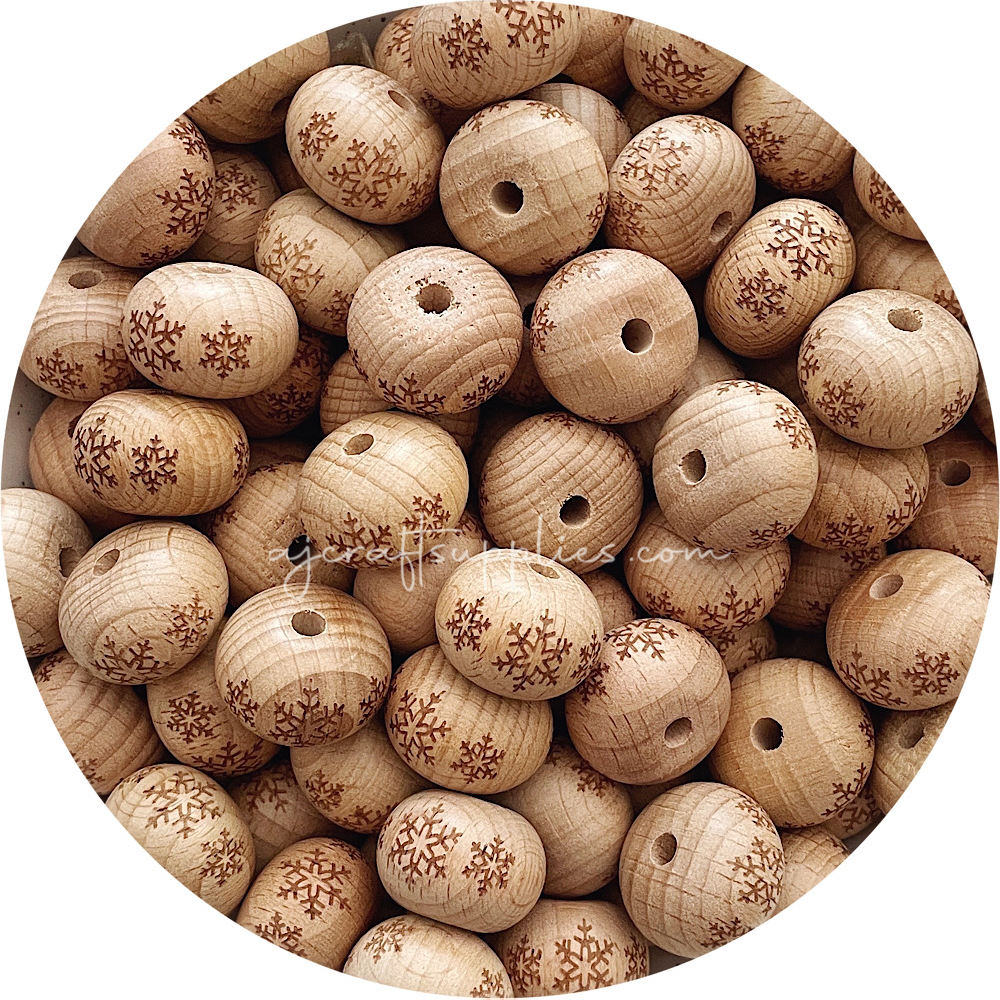 Beech Wood Engraved Beads (Snowflakes) - 22mm abacus - 5 Beads (CHRISTMAS EDITION)