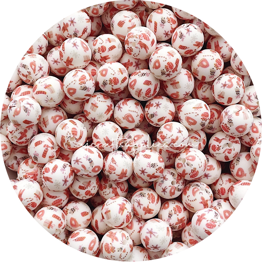 Gingerbread Man Christmas Print - 15mm round silicone beads - 5 Beads