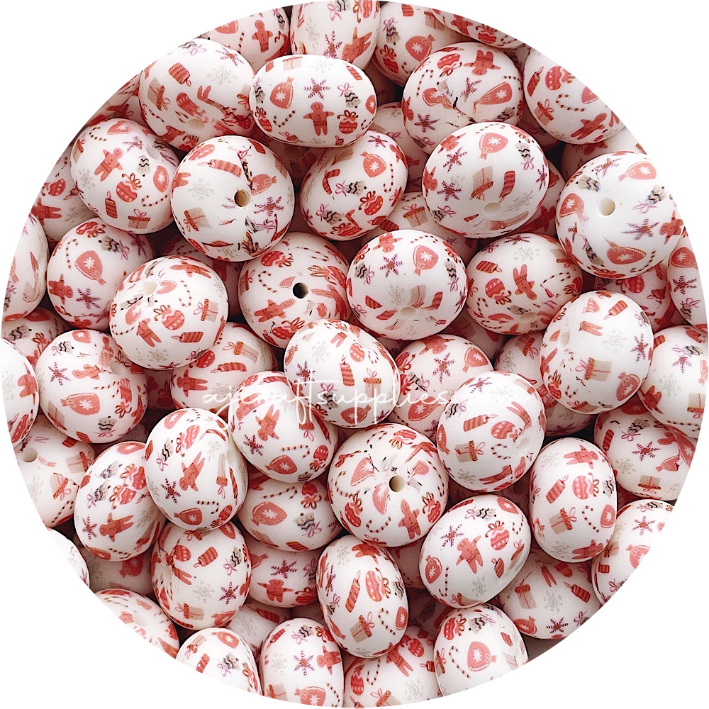 Gingerbread Man Christmas Print - 22mm abacus Silicone beads - 5 Beads