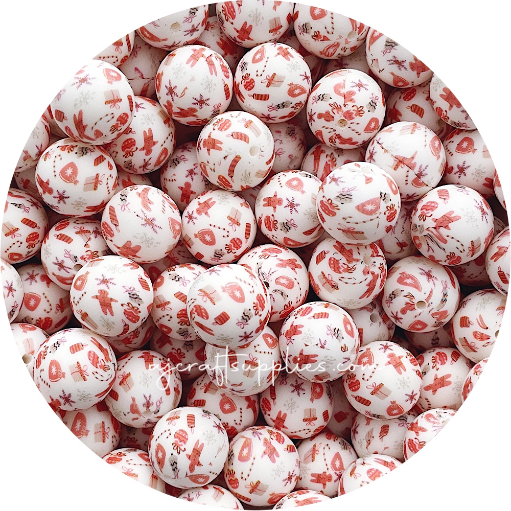 Gingerbread Man Christmas Print - 19mm round Silicone beads - 5 Beads