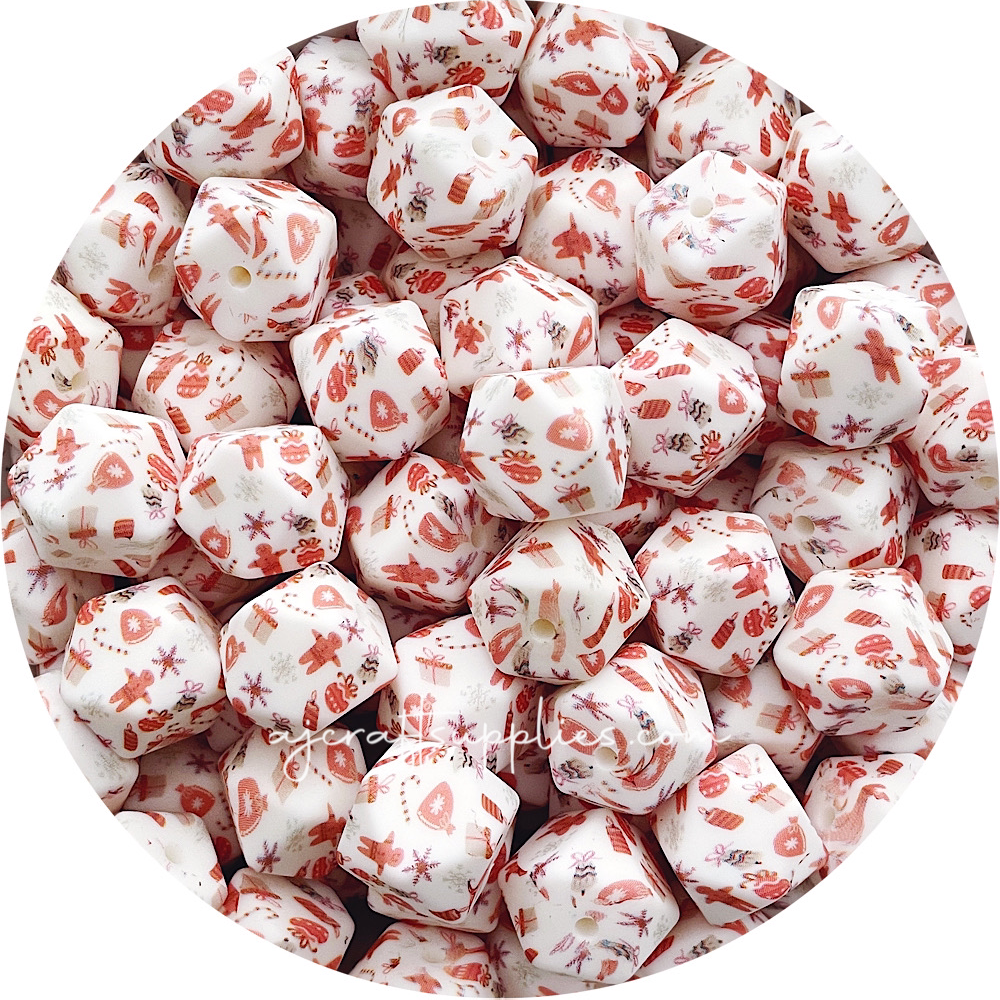 Gingerbread Man Christmas Print - 17mm hexagon Silicone Beads - 5 Beads