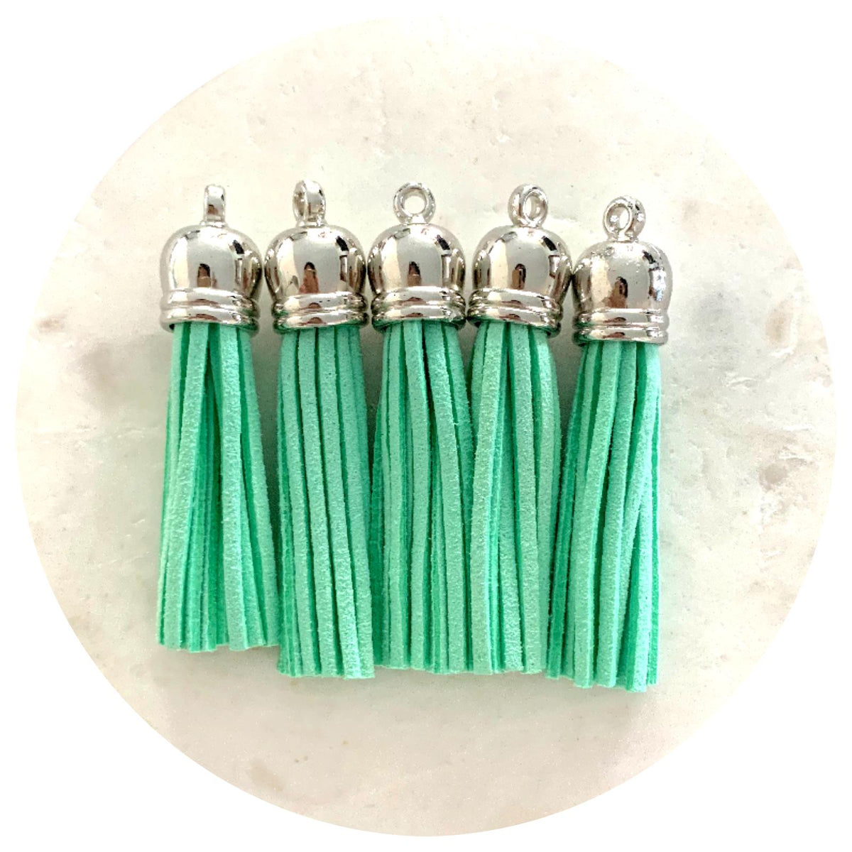 55mm Suede Tassels Silver Cap - Mint Green - Each