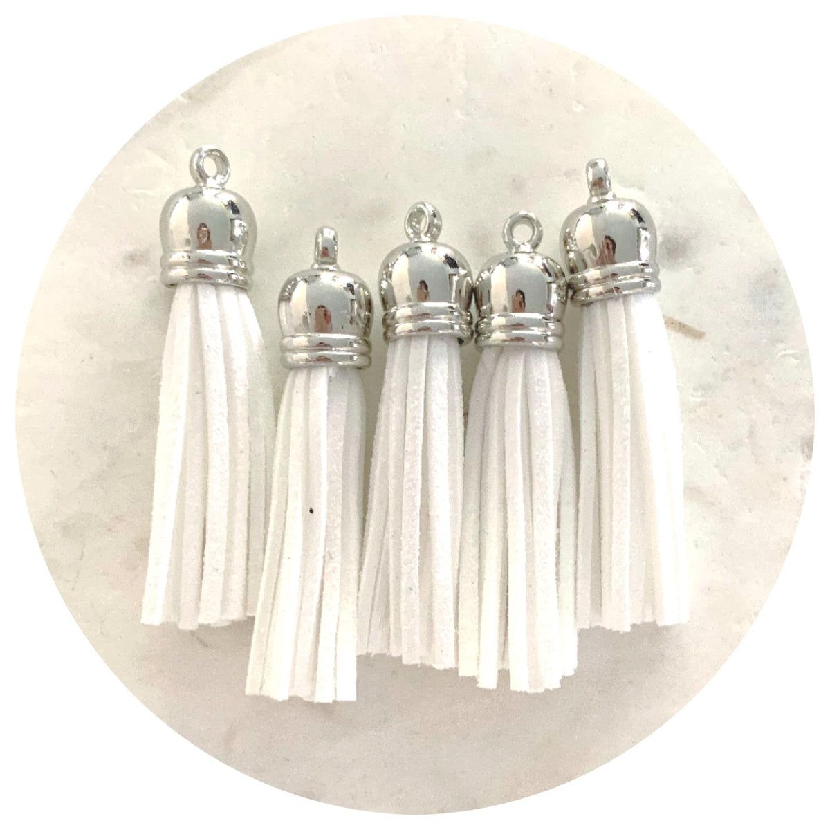 55mm Suede Tassels Silver Cap - Snow White - Each