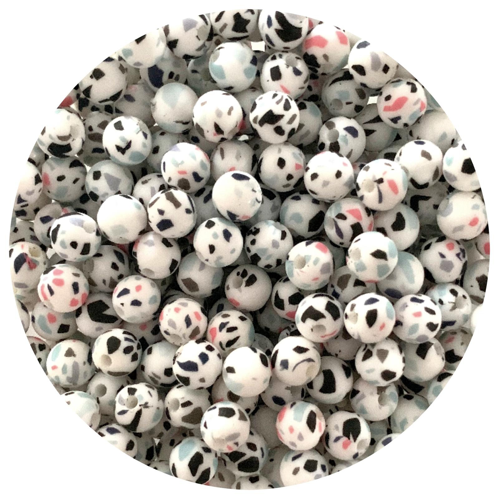 White Terrazzo - 9mm Round Silicone Beads - 5 Beads