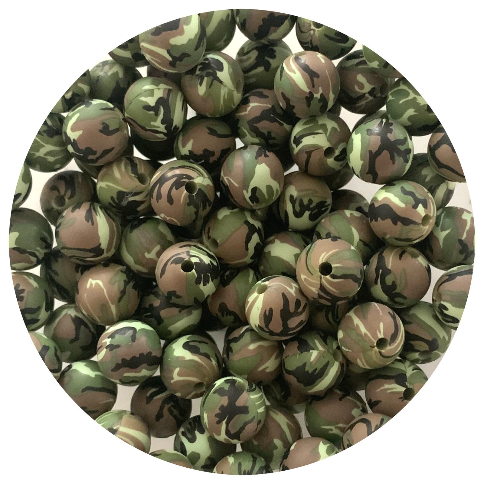 Green Camo - 12mm Round Silicone Beads - 10 beads