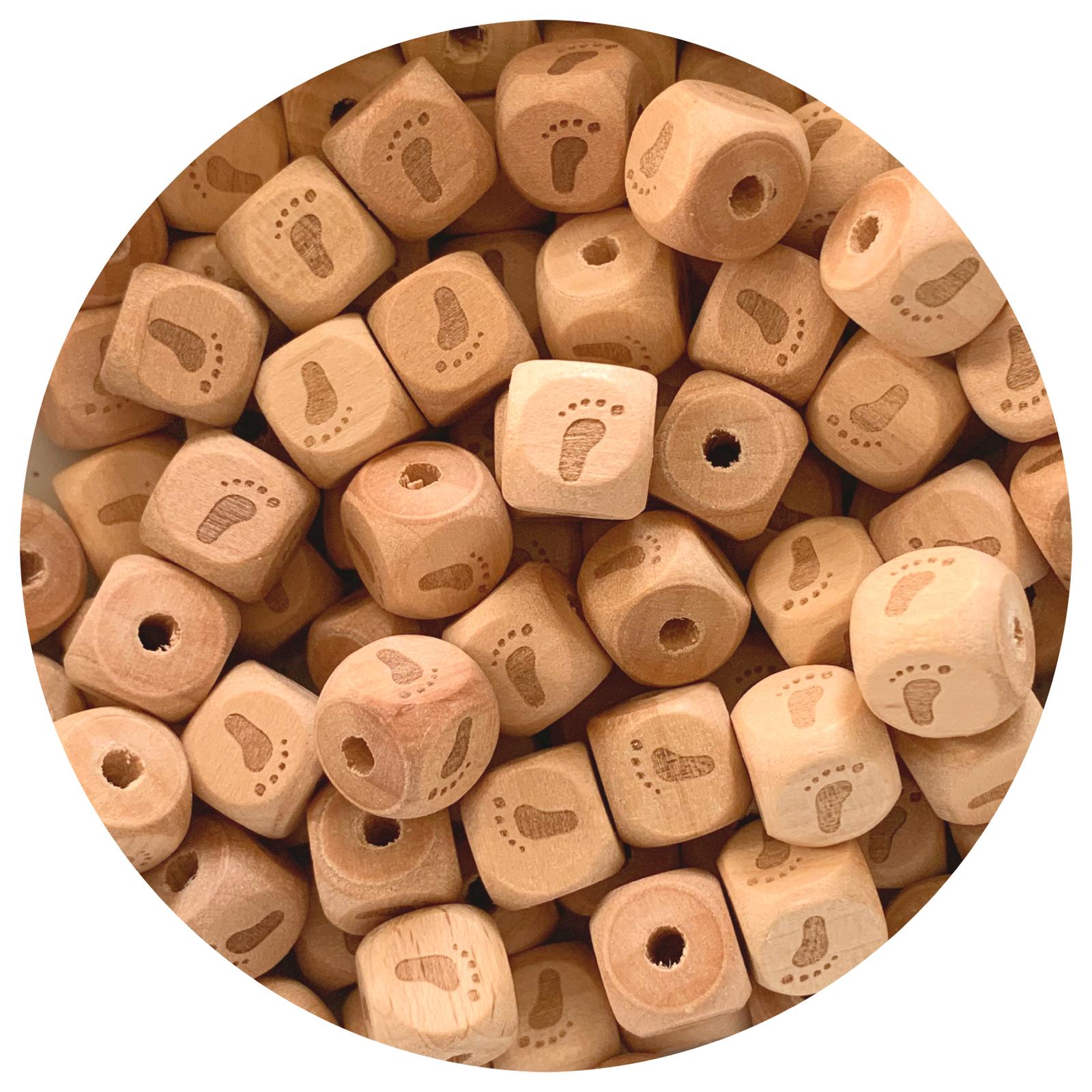 Natural Wood Engraved Cube Beads (Baby Feet) - 12mm - 10pack