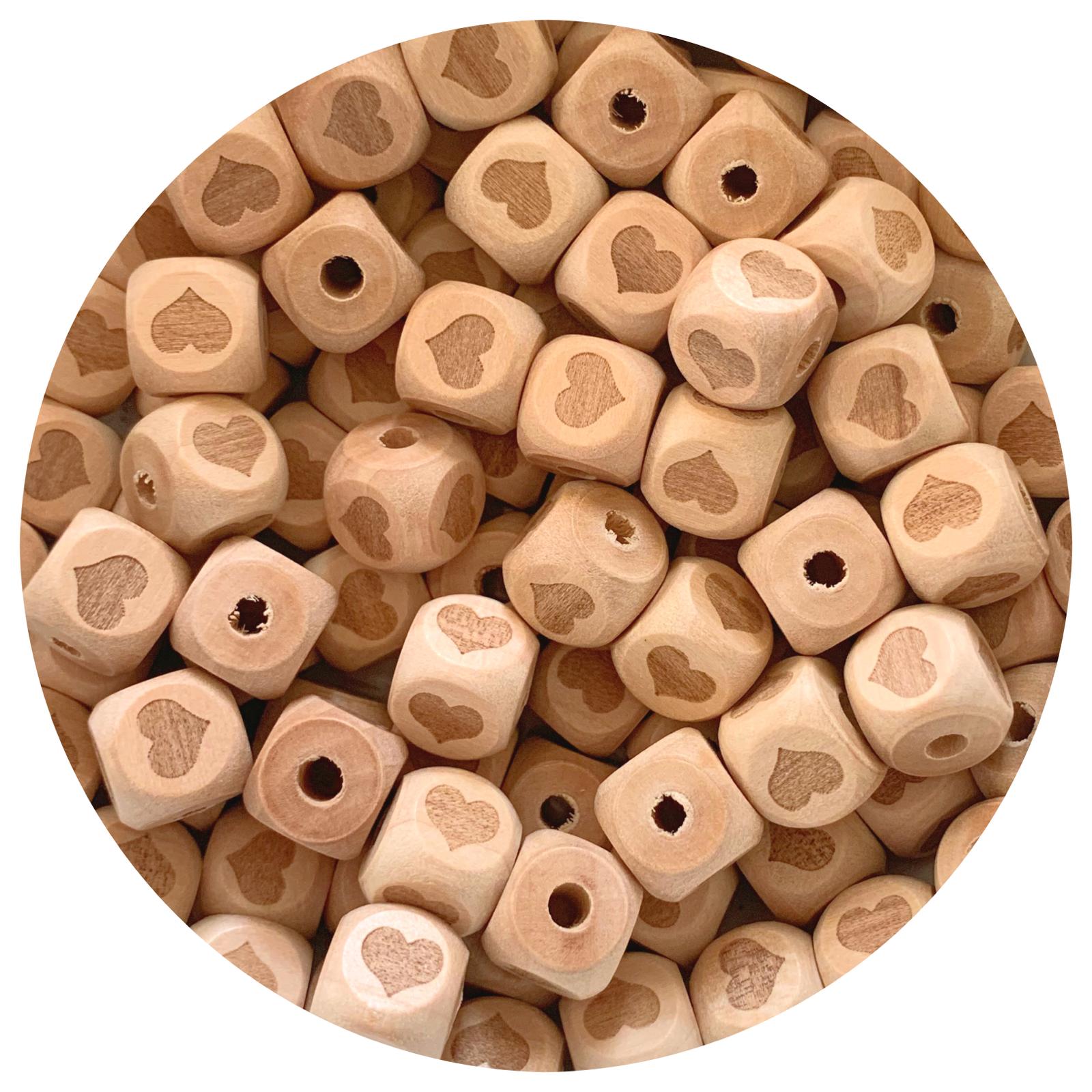 Natural Wood Engraved Cube Beads (Heart) - 12mm - 10pack