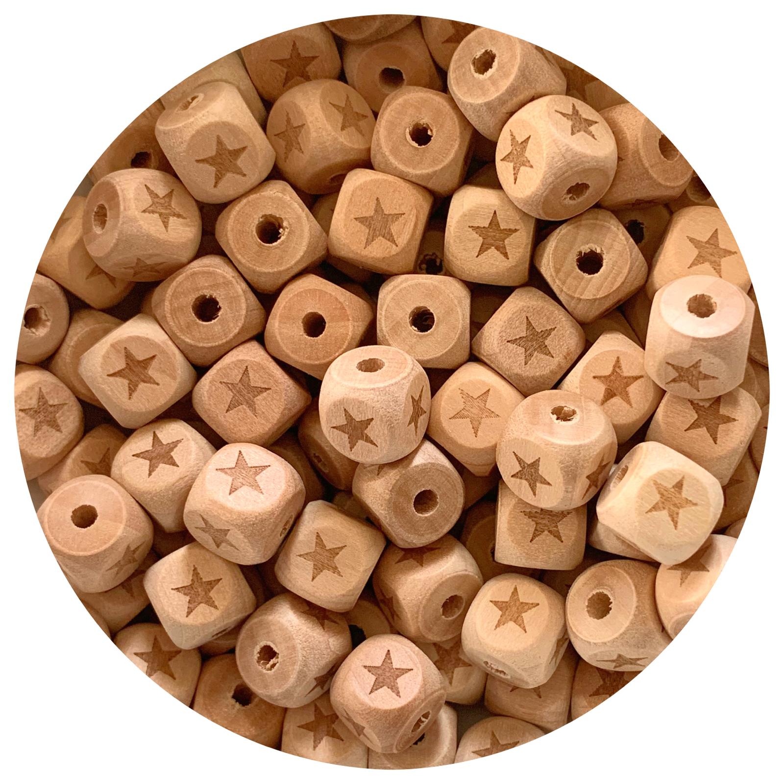 Natural Wood Engraved Cube Beads (Star) - 12mm - 5 beads