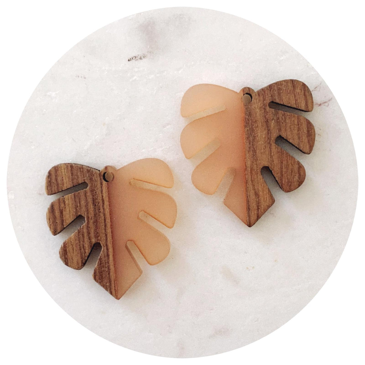 30mm Monstera Leaf Pendant - Acrylic & Wood - Light Peach - Each