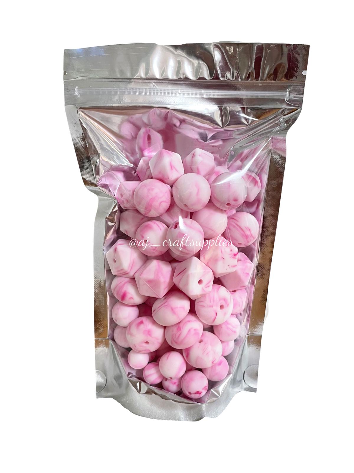 Strawberry Pink Marble - Single Colour Variety Pack - 80 Silicone Beads