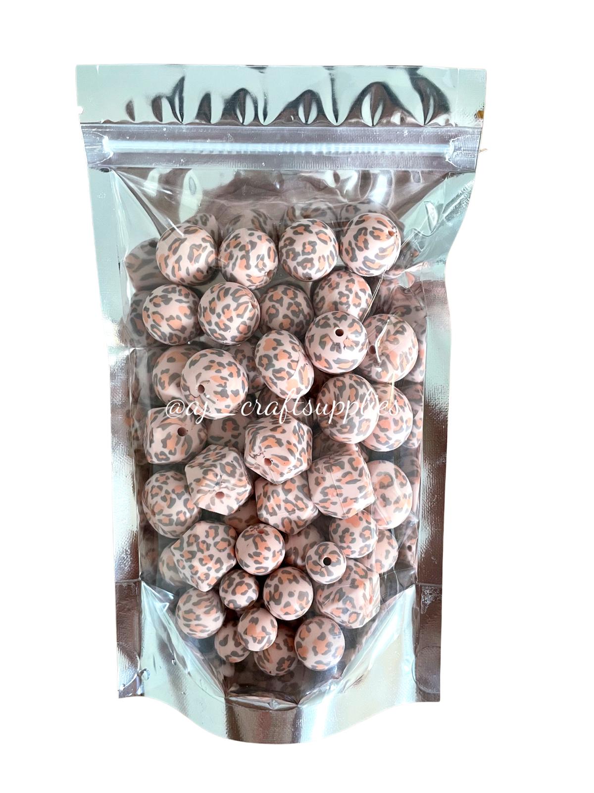 Peachy Pink Leopard - Single Colour Printed Variety Pack - 70 Silicone Beads