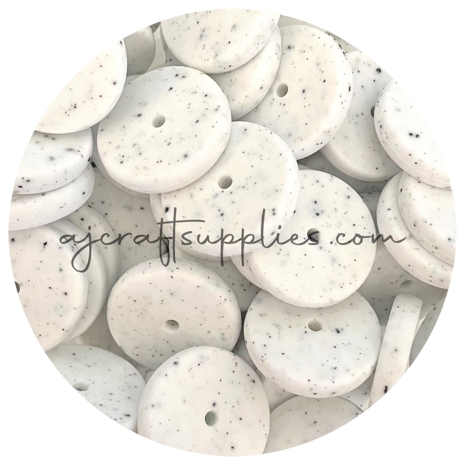 White Speckled - 25mm Flat Coin Silicone Beads - 5 beads