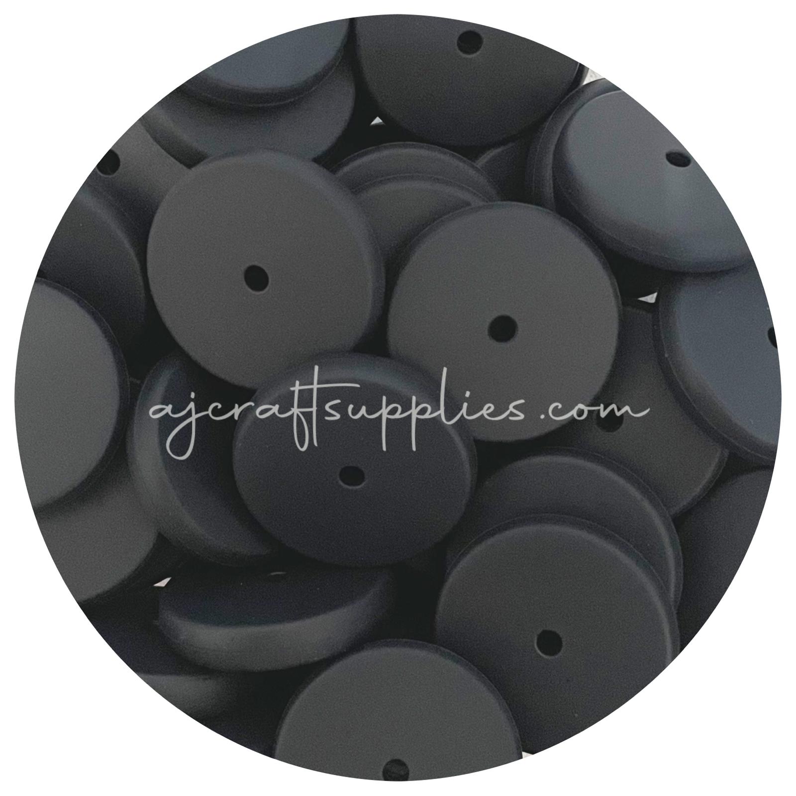 Jet Black - 25mm Flat Coin Silicone Beads - 5 beads
