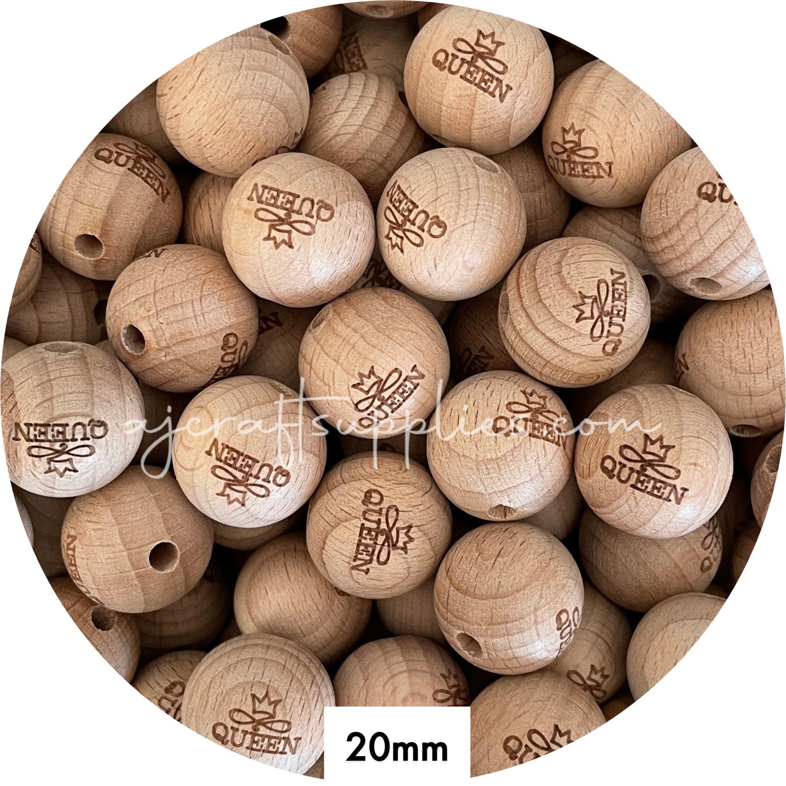 Beech Wood Engraved Beads (Queen) - 20mm Round - 5 beads (Limited Edition)
