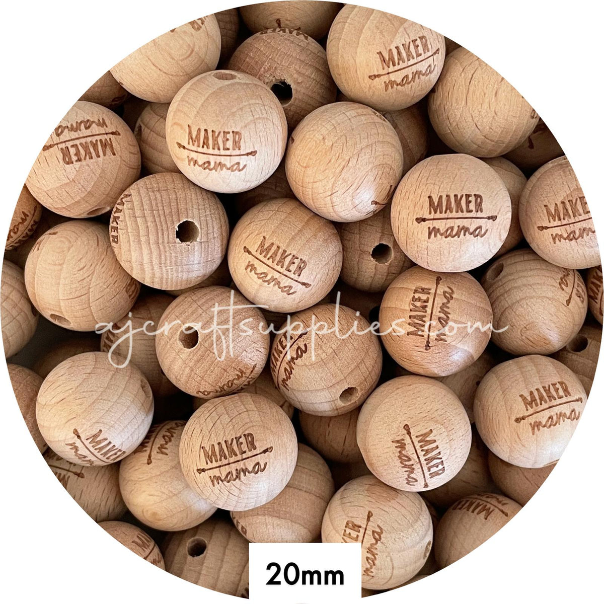 50pcs Beech Wood Engraved Beads (Maker Mama) - 20mm Round *CLEARANCE*
