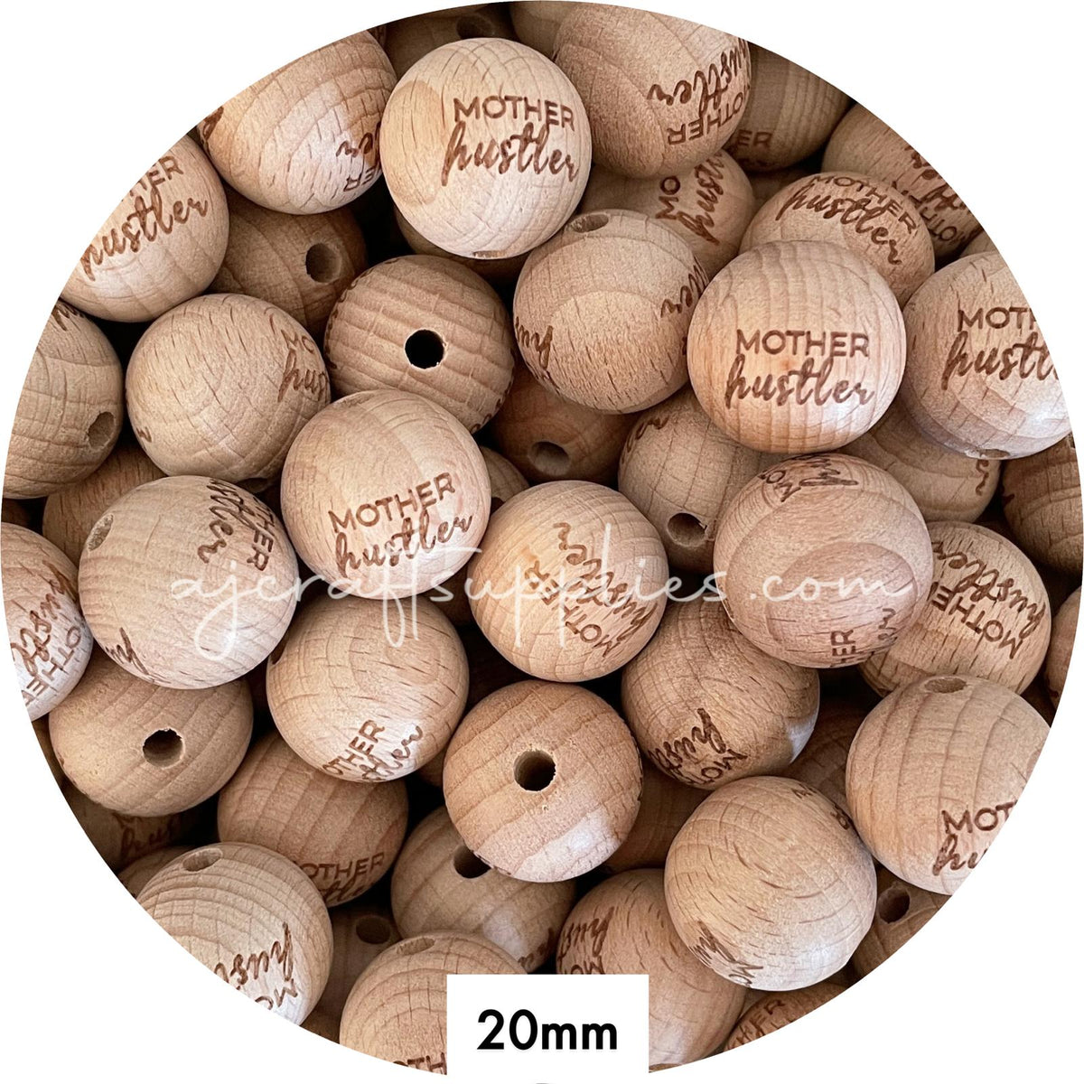 50pcs Beech Wood Engraved Beads (Mother Hustler) - 20mm Round *CLEARANCE*