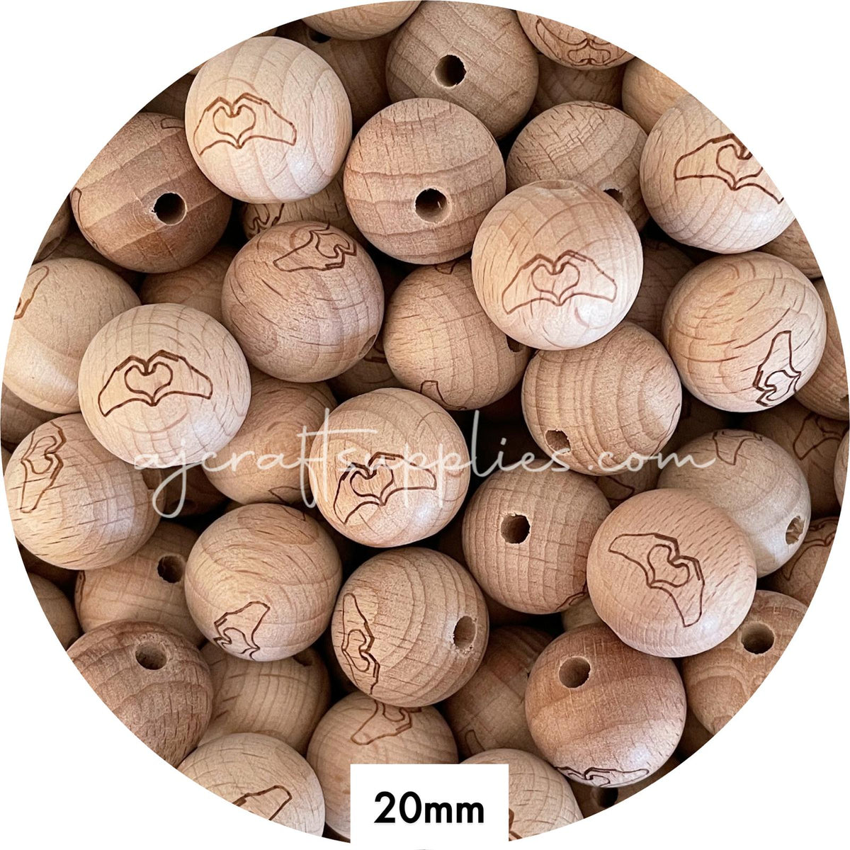 50pcs Beech Wood Engraved Beads (Heart Hands) - 20mm Round *CLEARANCE*