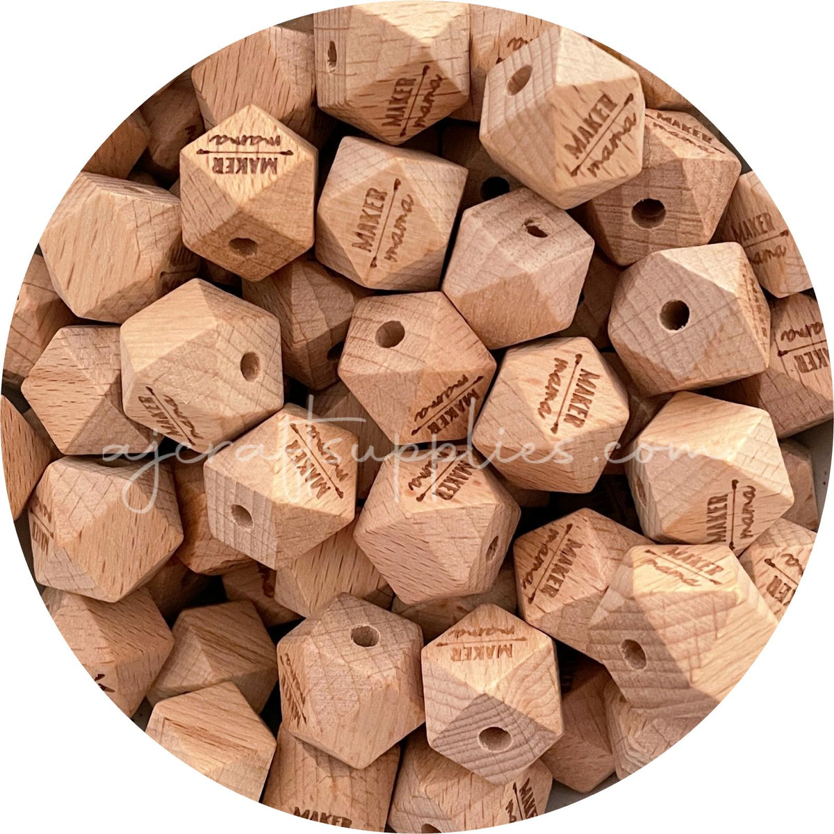 *CLEARANCE* 50pcs Beech Wood Engraved Beads (Maker Mama) - 18mm Hexagon *CLEARANCE*
