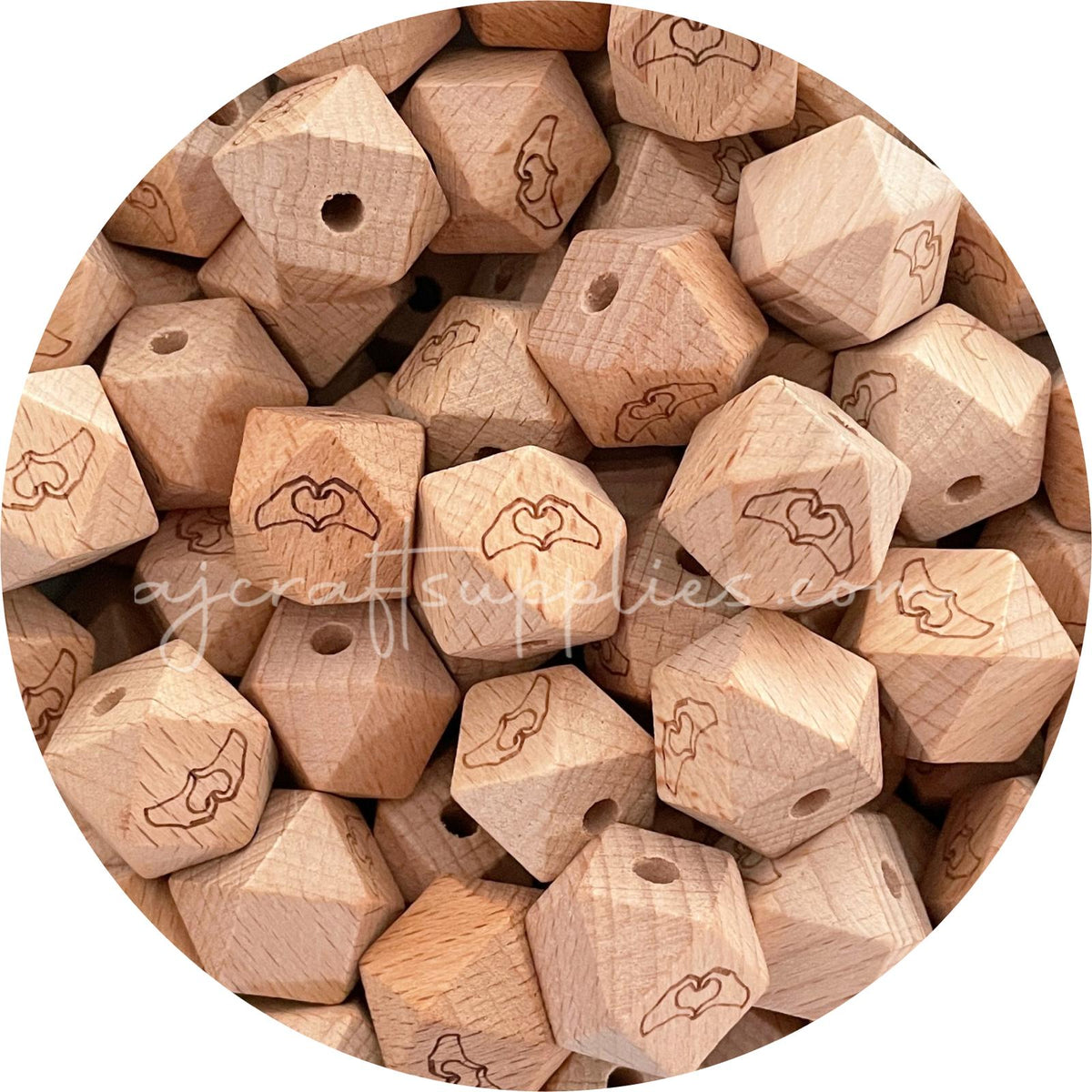50pcs Beech Wood Engraved Beads (Heart Hands) - 18mm Hexagon *CLEARANCE*