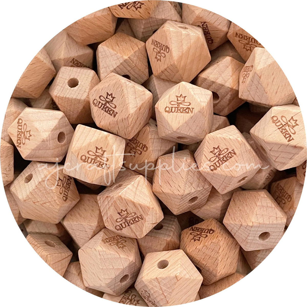 Beech Wood Engraved Beads (Queen) - 18mm Hexagon - 5 beads (Limited Edition)