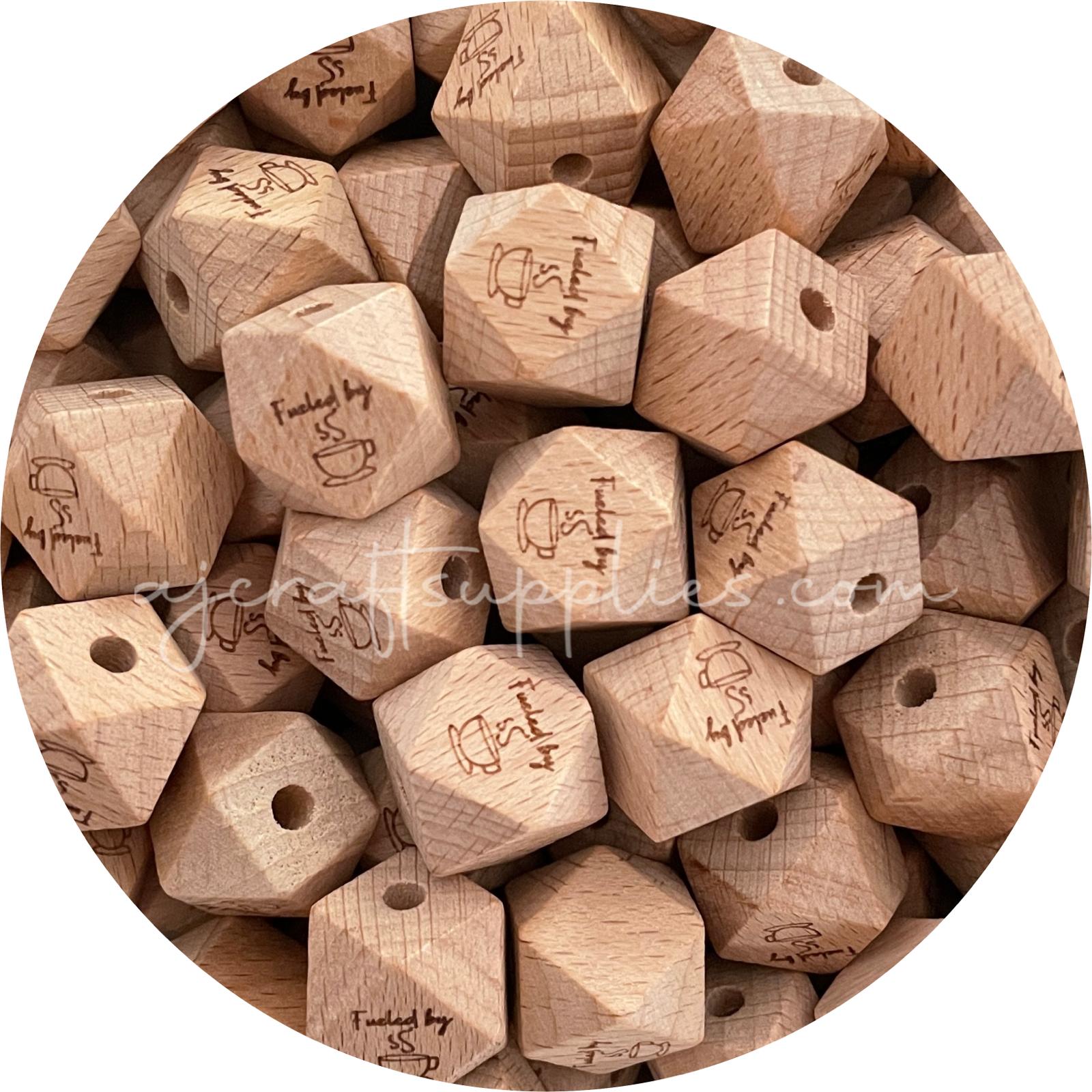 Beech Wood Engraved Beads (Fueled by Caffeine) - 18mm Hexagon- 5 beads (Limited Edition)