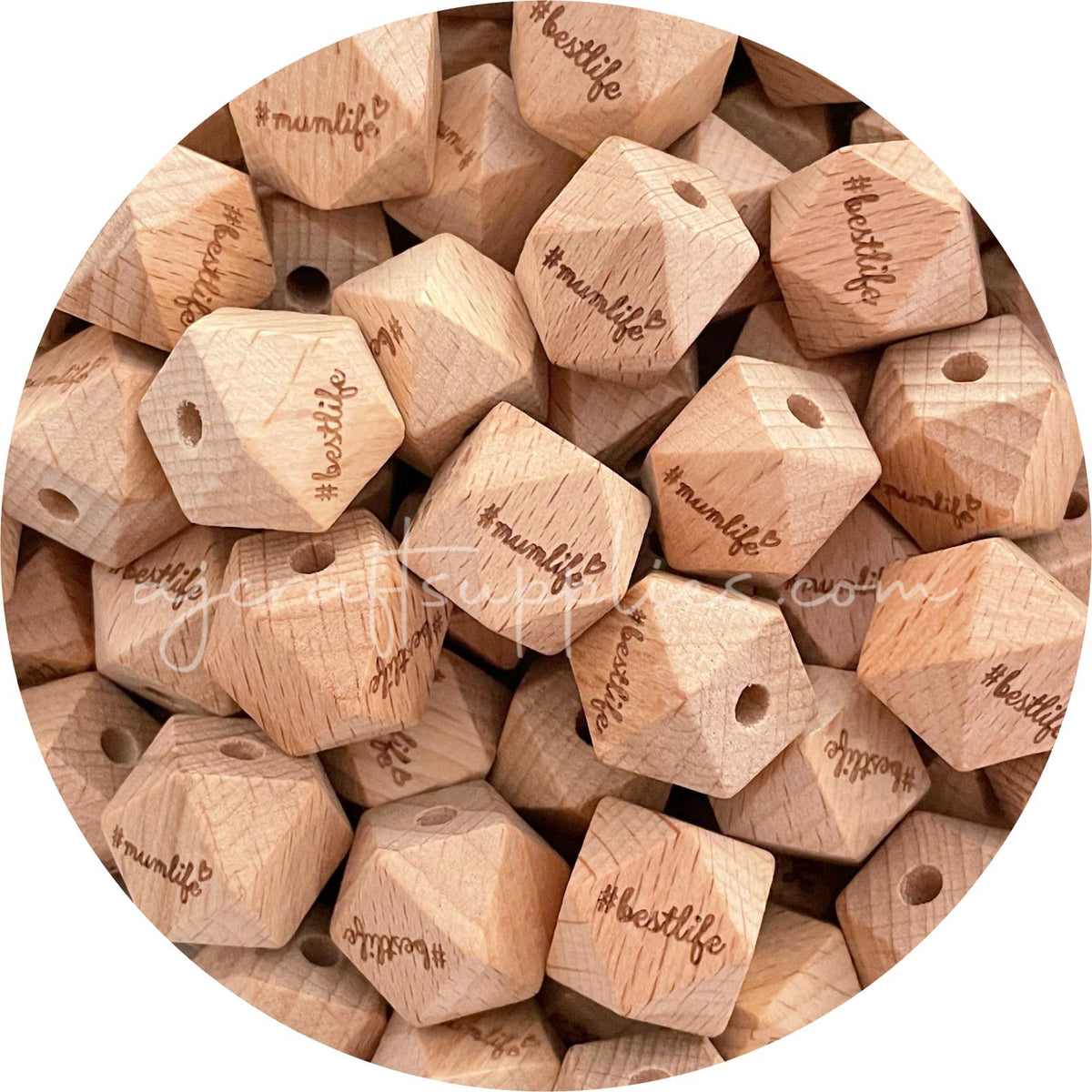 Beech Wood Engraved Beads (Mumlife Bestlife) - 18mm Hexagon - 5 beads (Limited Edition)