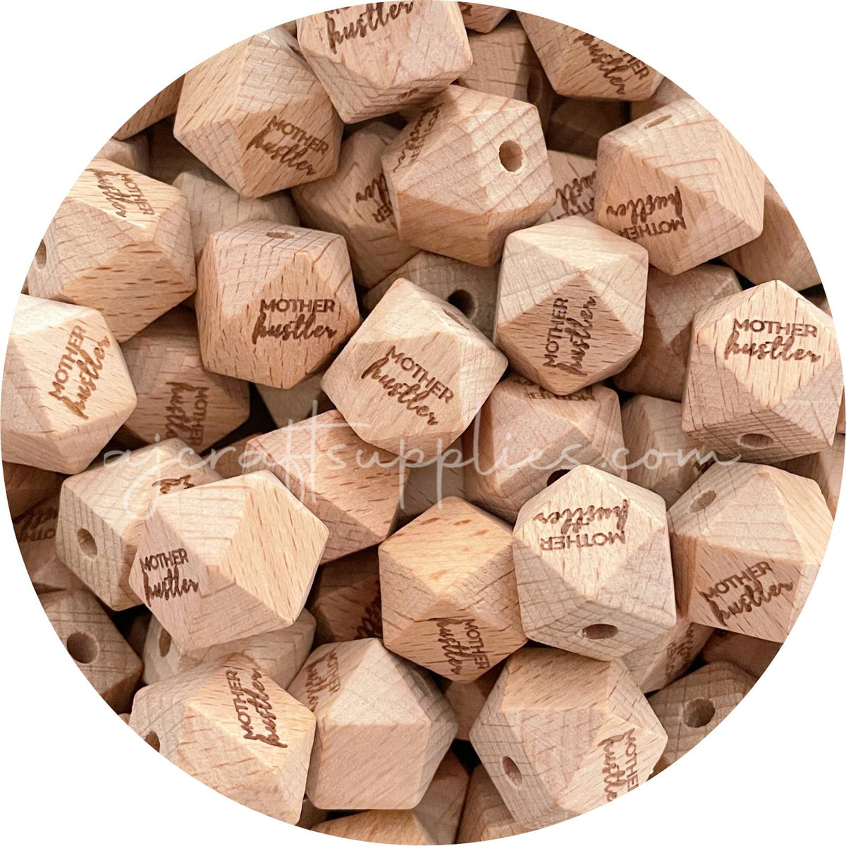 50pcs Beech Wood Engraved Beads (Mother Hustler) - 18mm Hexagon *CLEARANCE*