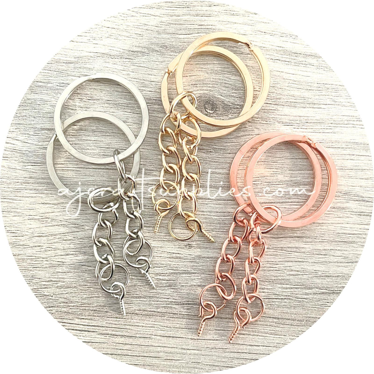 25mm Split Ring Keyring with Chain & Eye pin - Silver - 5 Rings