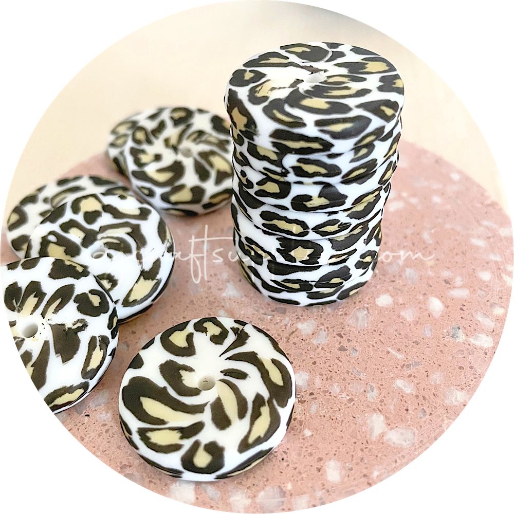 Snow Leopard - 25mm Flat Coin Silicone Beads - 5 beads
