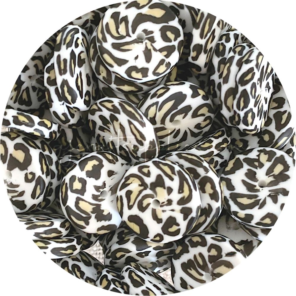 Snow Leopard - 25mm Flat Coin Silicone Beads - 5 beads