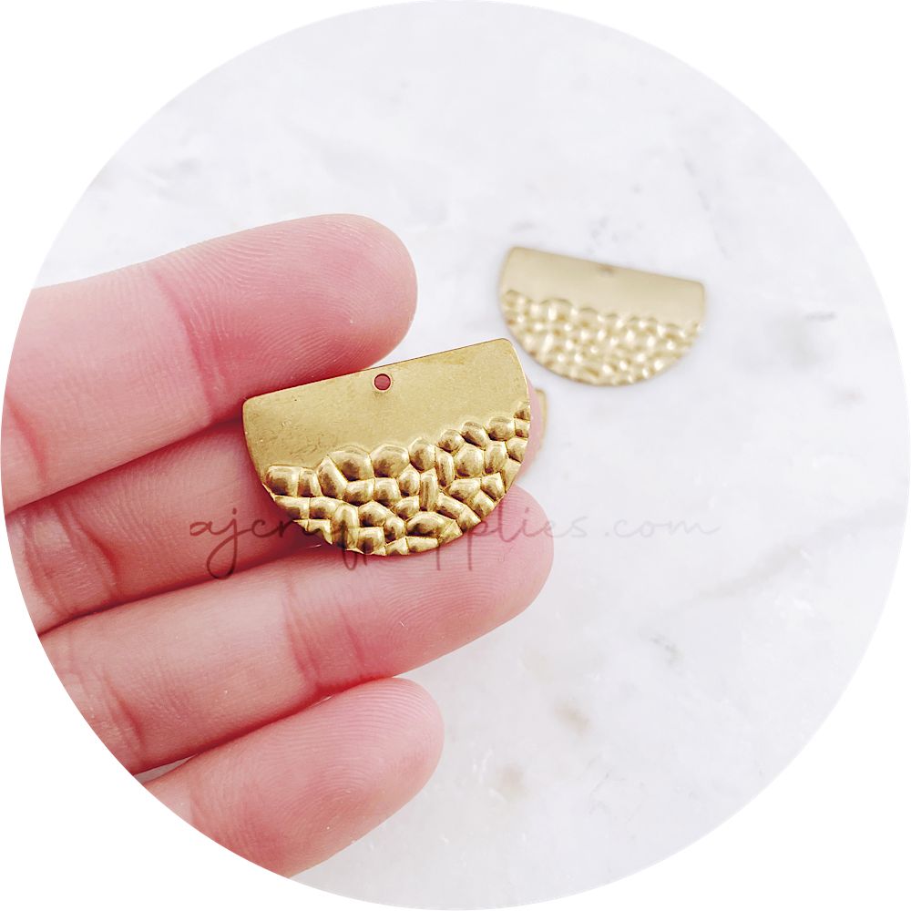 Half Circle Pebbled Texture Charm - Raw Brass - 2 pcs - D1185