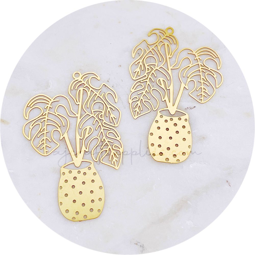 Monstera Pot Plant Charms - Raw Brass - 2 pcs - D1677